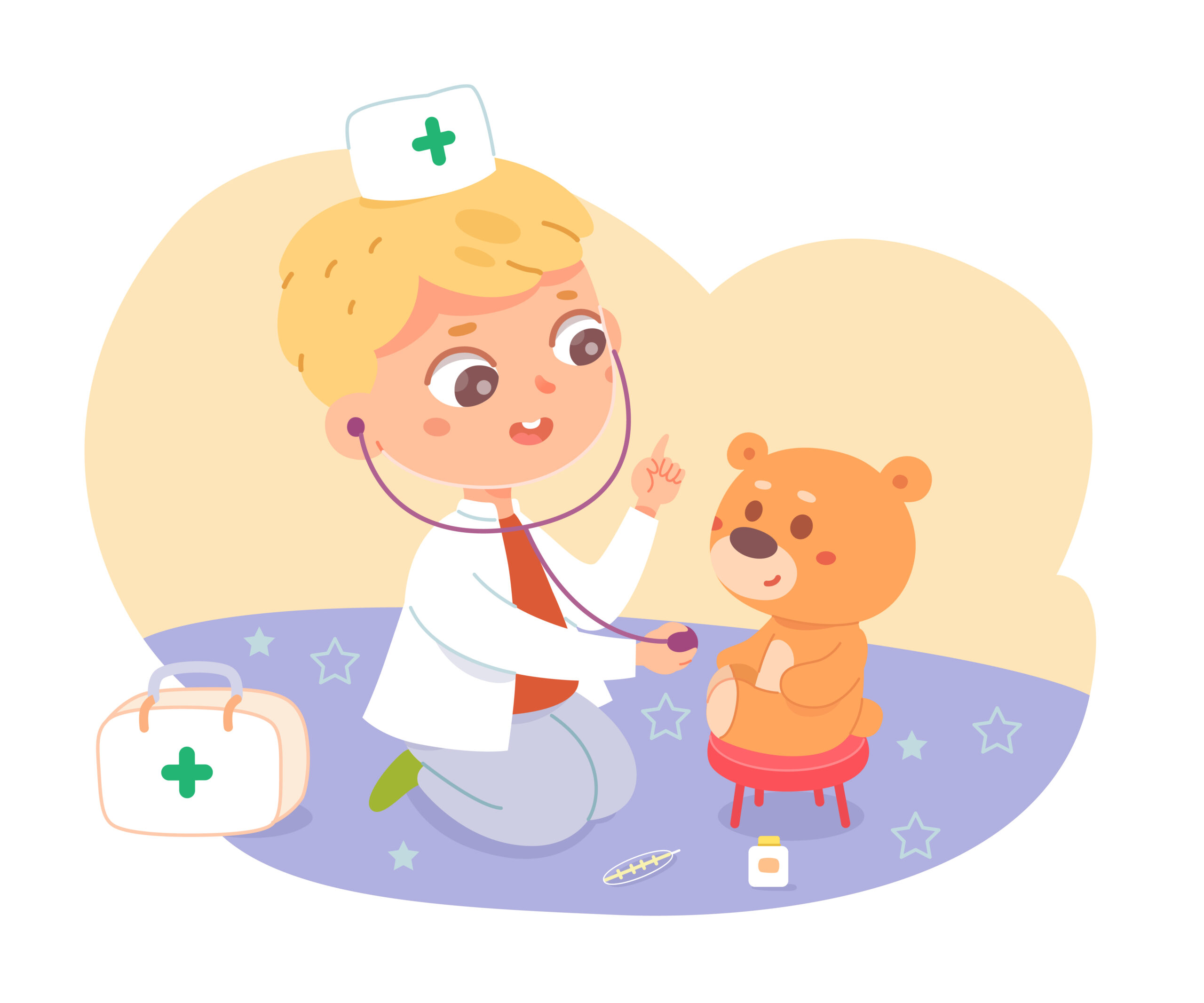 Fiebre en niños: qué observar y cuándo consultar Ilustración de un niño jugando a cuidar a su osito